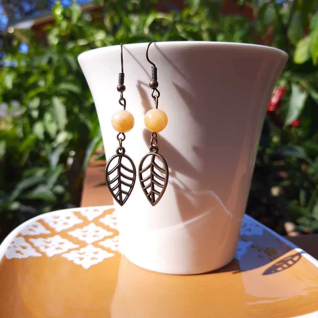 Bronze Leaf Yellow Aventurine Round Stone Earrings 18$